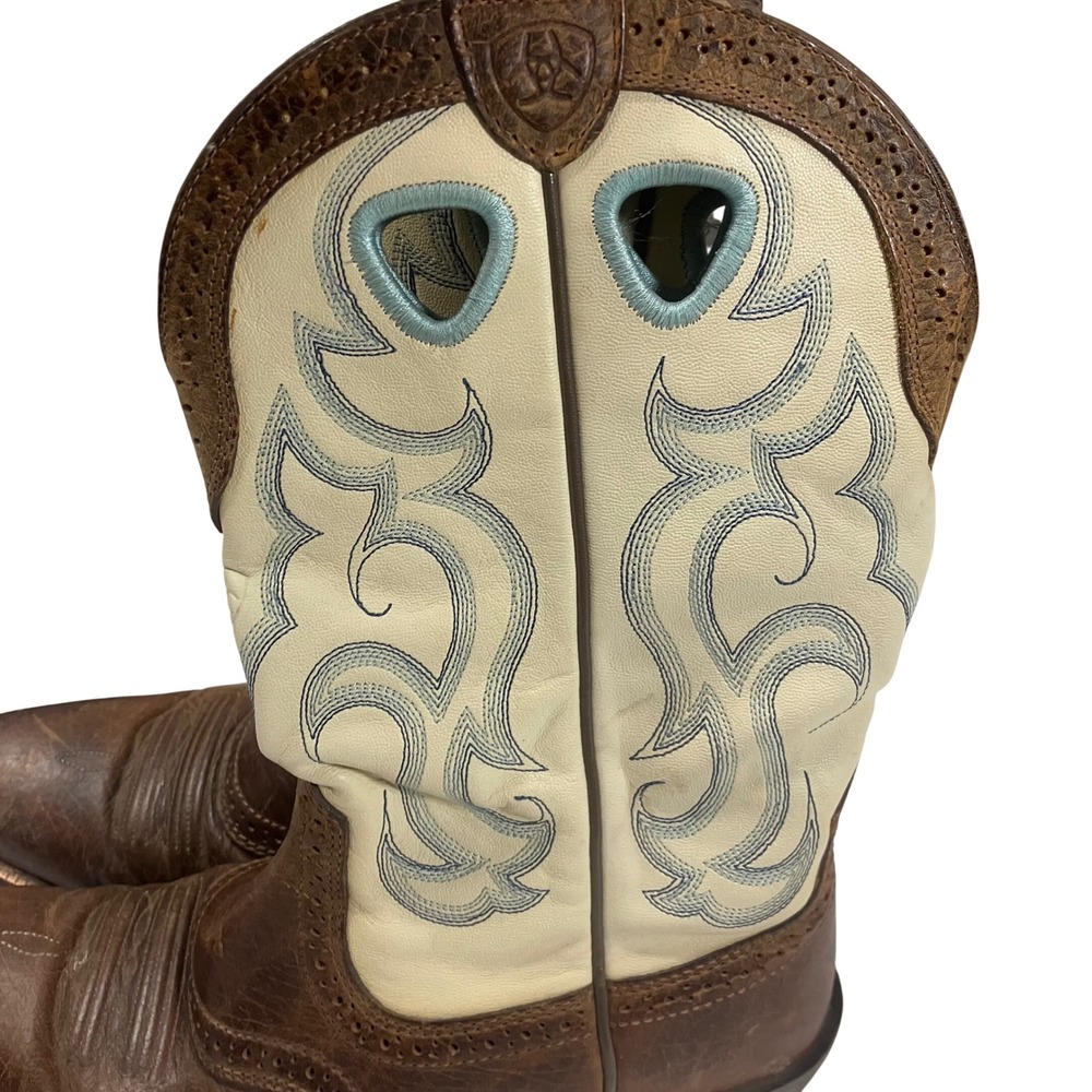 Ariat Womens Earth Rawhide Leather Cream Blue Upper Western Cowboy Boots Size 7 - Picture 5 of 9